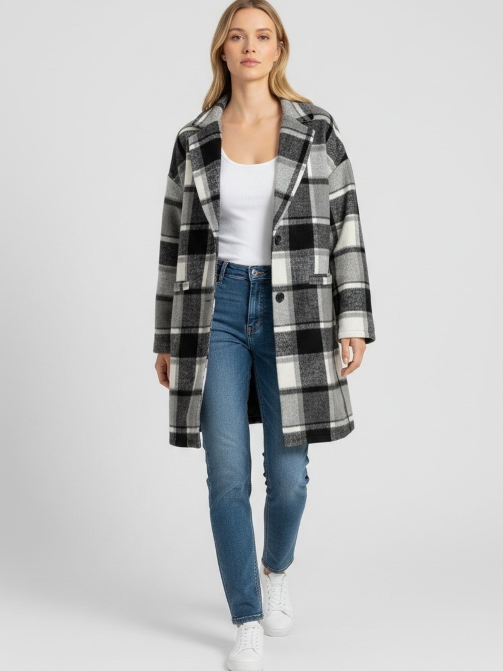 PRETTYGARDEN Womens Plaid Coat M Black Gray Oversized Longline Shacket Jacket